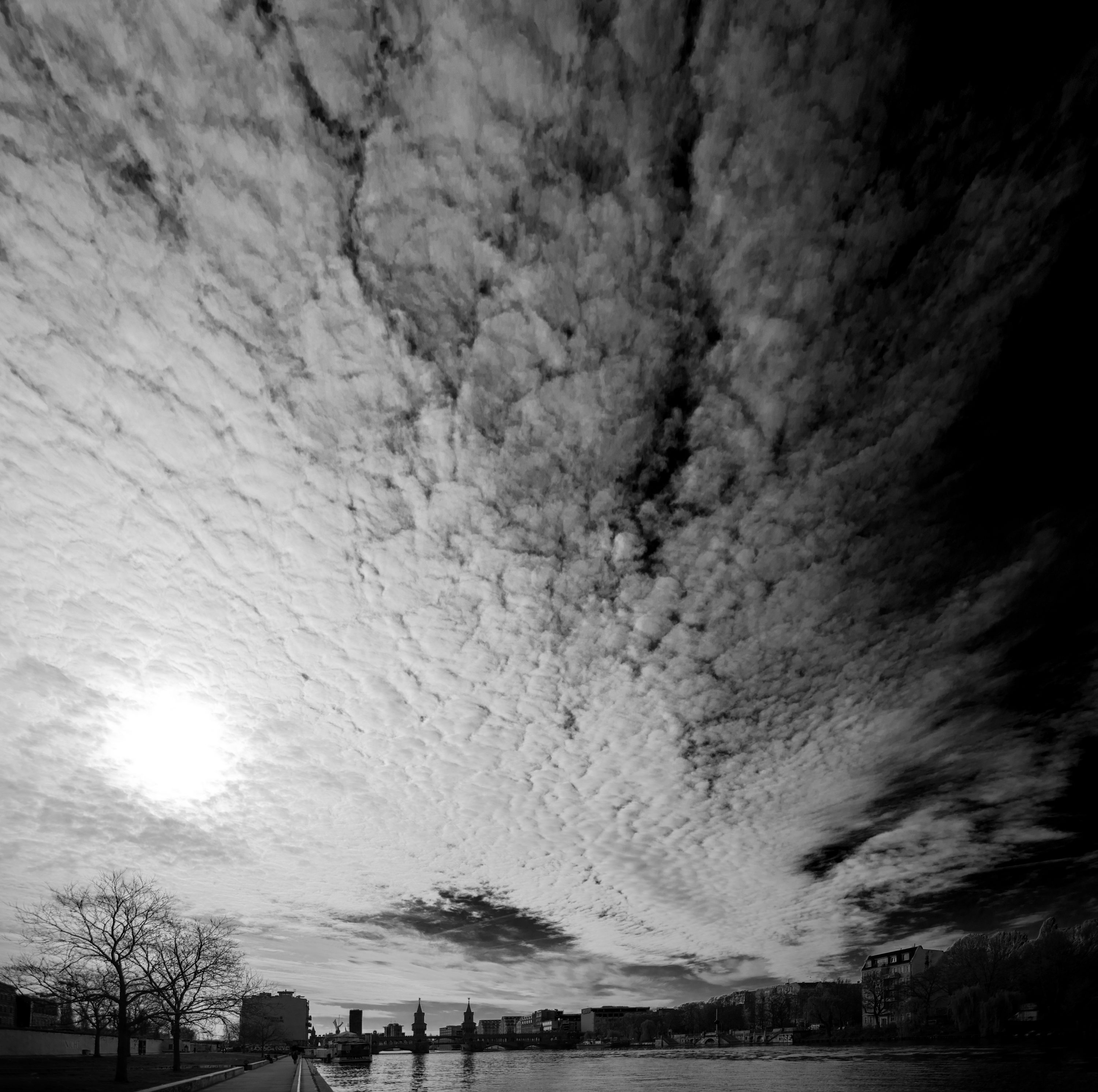 oberbaum bridge and dramatic sky in black and white